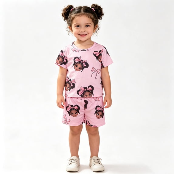 Bobifish Toddler Girls Outfit Sets Summer Cartoon Girl Face Print Crew Neck Short Sleeve Top Elastic Waist Shorts 2 Piece Sets