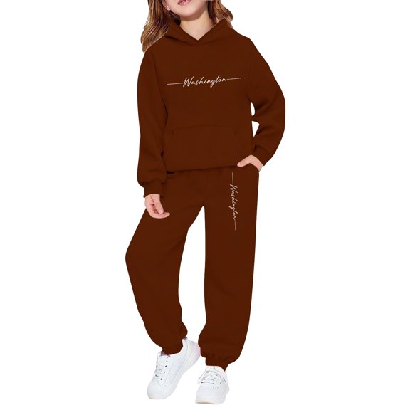 Bobifish Toddler Girls Outfit Sets Washington Print Hooded Sweatshirt And Elastic Waist Jogger Pants Casual Daily Wear Trendy Kids Clothes Set