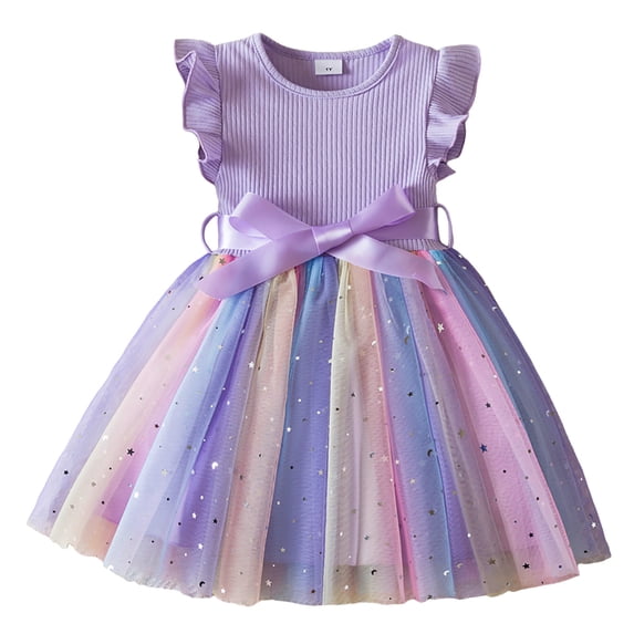 Bobifish Toddler Girls Party Dresses Ruffle Flutter Sleeves Bow Waist Sparkly Tulle Fancy Dress Holiday Celebration Birthday Party Dress