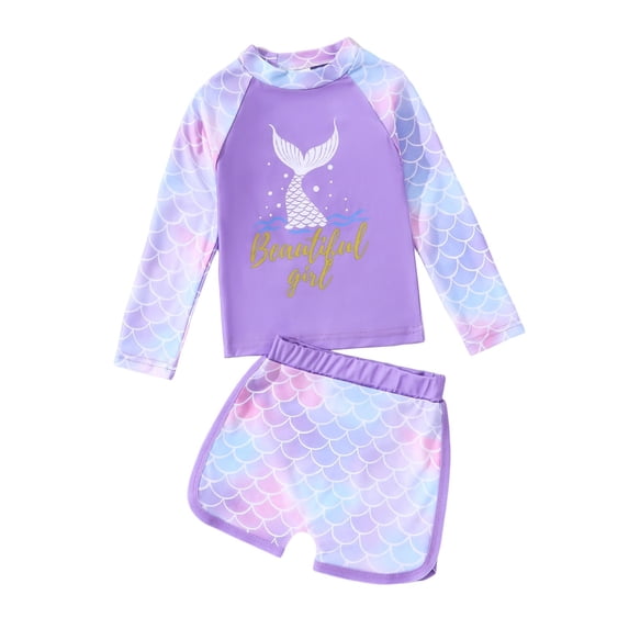 Bobifish Toddler Girls Rash Guard Swimsuit Crew Neck Long Sleeve Print Top With Matching Shorts Breathable Pool Swim Set, 2 Piece