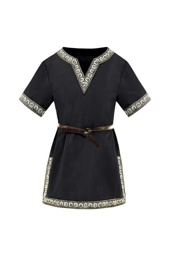 Toddler Girls Shirts Medieval Style Vintage V Neck Mid Long Length Tee Tops Short Sleeve Retro Festival Party Costume Dress Up Wear,Size 3-4Y