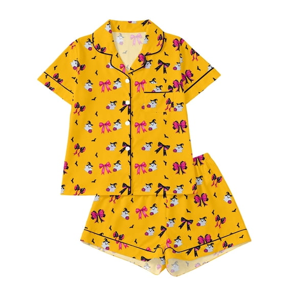 Bobifish Toddler Girls Sleep Sets Halloween Print Lapel Button Down Short Sleeve Tops&Shorts PJS Children Girls Home Clothes