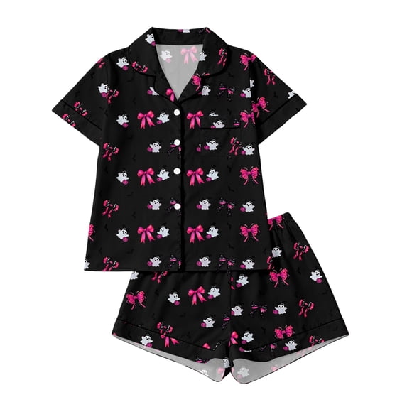 Bobifish Toddler Girls Sleep Sets Halloween Print Lapel Button Down Short Sleeve Tops&Shorts PJS Children Girls Home Clothes