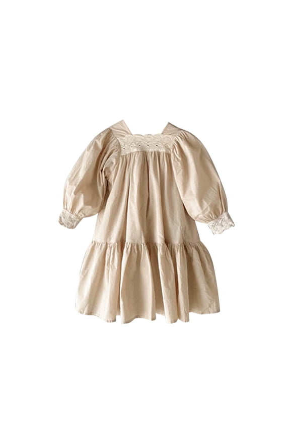Toddler Girls Square Neck Casual Dress Lace Back Insert Puff Sleeve Tiered Loose Shift Dress Kids Soft Vintage Outdoor Vacation Sundress