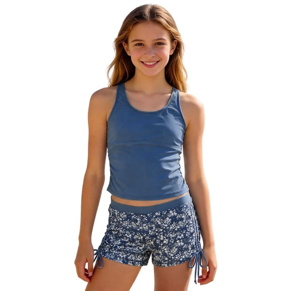 Bobifish Toddler Girls Swimsuit Set Blue Tank Top With Floral Printed Bottom Separate Rash Guard Swimsuit Kids Girls Swimwear
