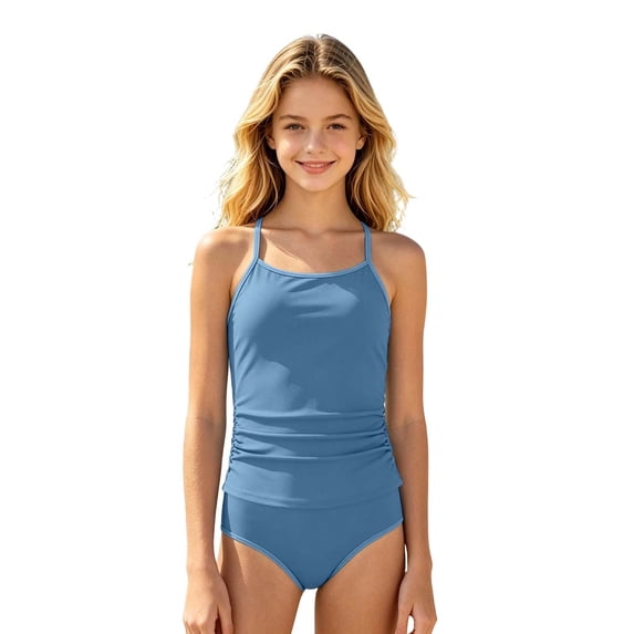 Bobifish Girls Swimsuit Set One-Piece Solid Color Tankini Bathing Suit Summer Beach Pool Girls Swimwear Set