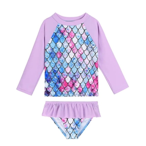 Bobifish Toddler Girls Swimsuit Set Rash Guard Glitter Fish Scale Print Long Sleeve Separate Bathing Suit Girls Swim Set