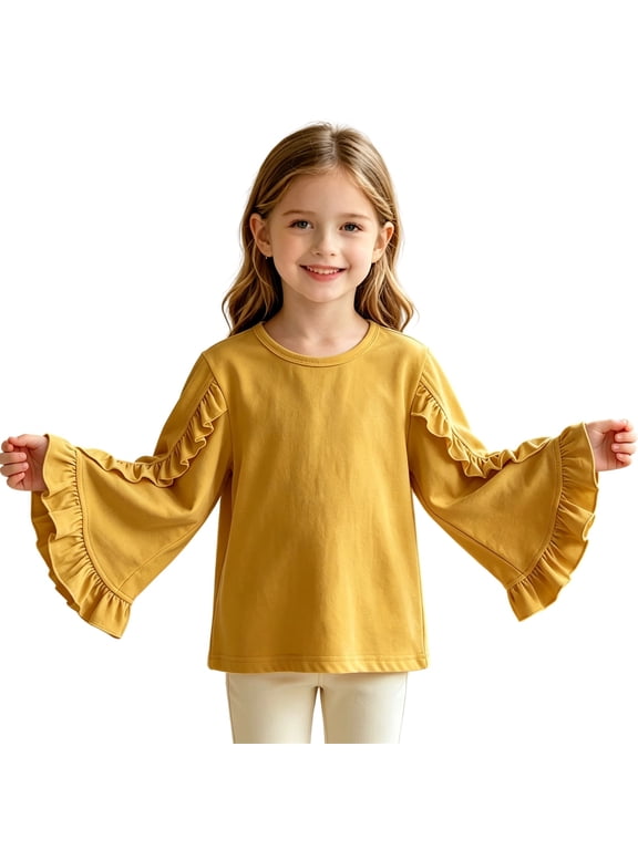 Toddler Girls T-Shirt Basic Ruffle Long Sleeve Tee Lovely Ruffle Bell Sleeve Crewneck Top