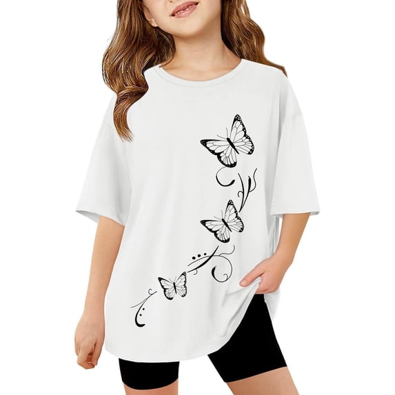 Bobifish Toddler Girls T Shirt Butterfly Print Short Sleeve Round Neck Graphic Tee Everyday Children Girls Spring Summer Shirt