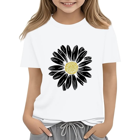 Bobifish Toddler Girls T Shirt Daisy Graphic Short Sleeve Casual Crew Neck Basic Tee Top Children Girls Outdoor Spring Shirt