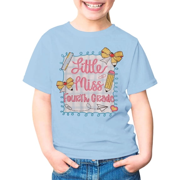 Bobifish Toddler Girls T Shirt Playful Cartoon School Print Short Sleeve Tee Autumn Casual School Days Children Girls Shirt