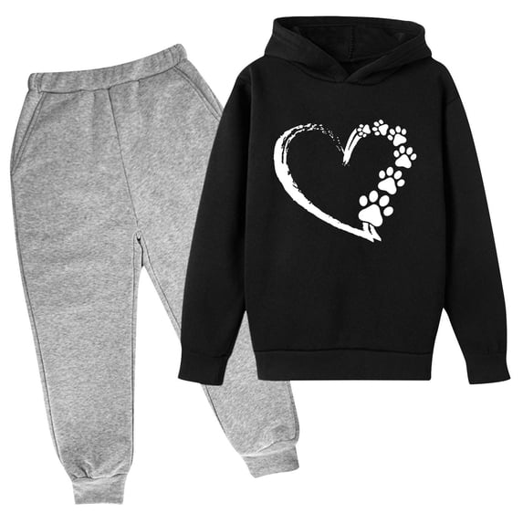Bobifish Toddler Girls Tracksuit Winter Outline Heart Print Hooded Long Sleeve Sweatshirt Elastic Waist Jogger Pants Kids 2 Piece Sets