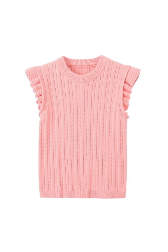 Toddler Light Pink Crew Neck Sleeveless Vest Vertical Cable Knit Pattern Sweater Ruffle Trim Detail Breathable Casual Kids Layering Outerwear