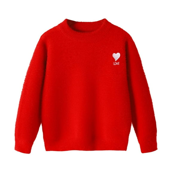 Bobifish Toddler Red Crew Neck Sweater White Heart "LOVE" Detail Sweater Fuzzy Texture Long Sleeve Knitted Cute Kids Daily Pullover Top