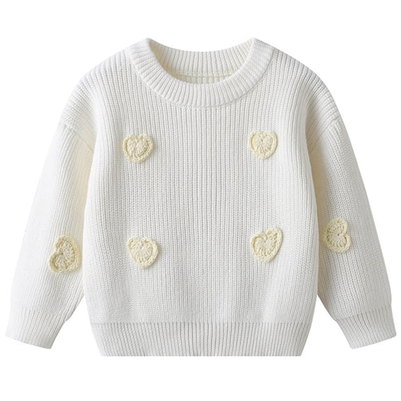 Bobifish Toddler White Crew Neck Sweater Red Heart Applique Long Sleeve Sweaters Knitted Comfortable Casual Children’S Trendy Pullover