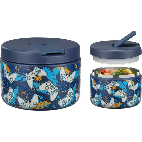 Bobike 12OZ Kids Thermo for Hot Food with Buckle Lid Insulated Wide Mouth Food Jar Blue Gamepad