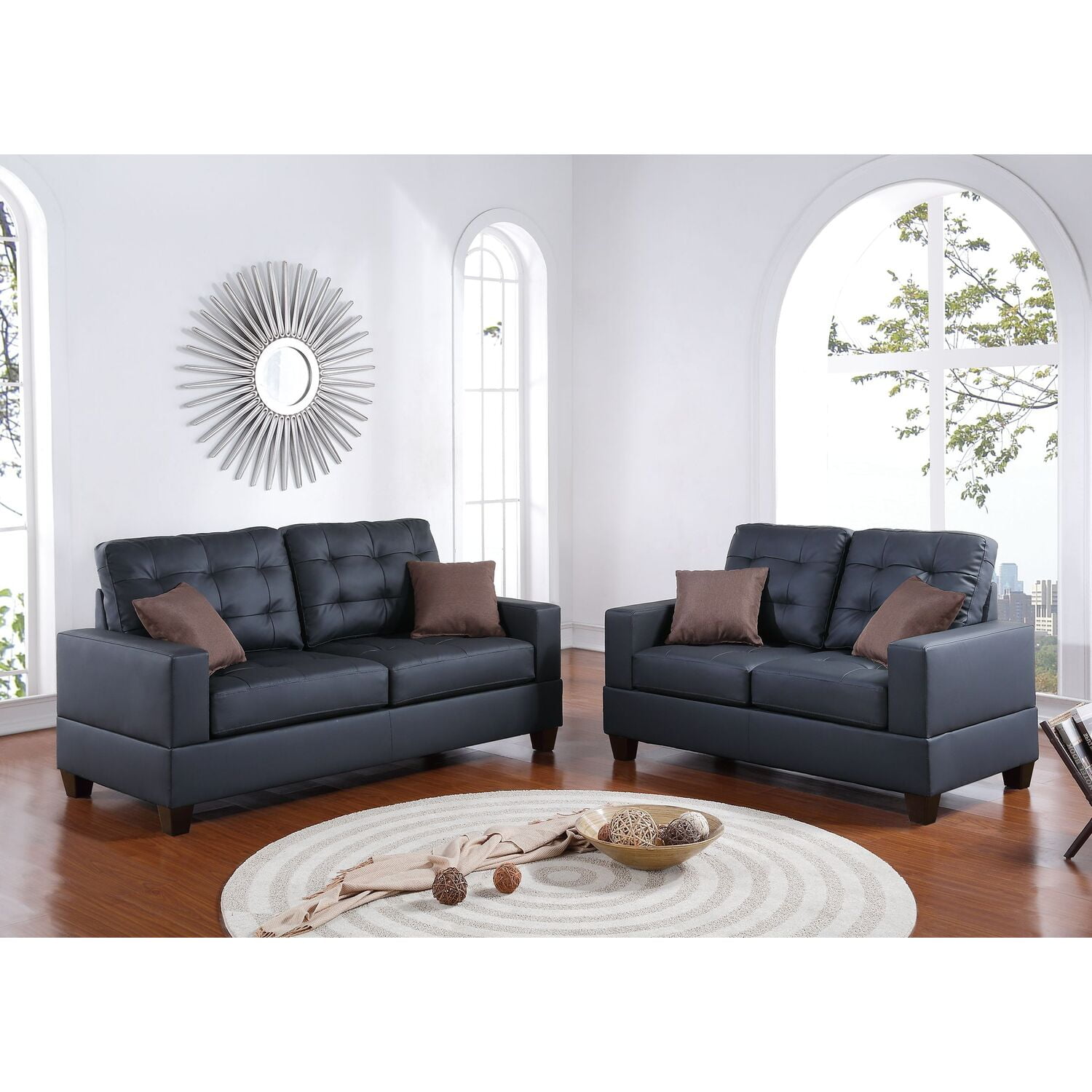 Aria Black Faux Leather 2-Piece Sofa and Loveseat Set