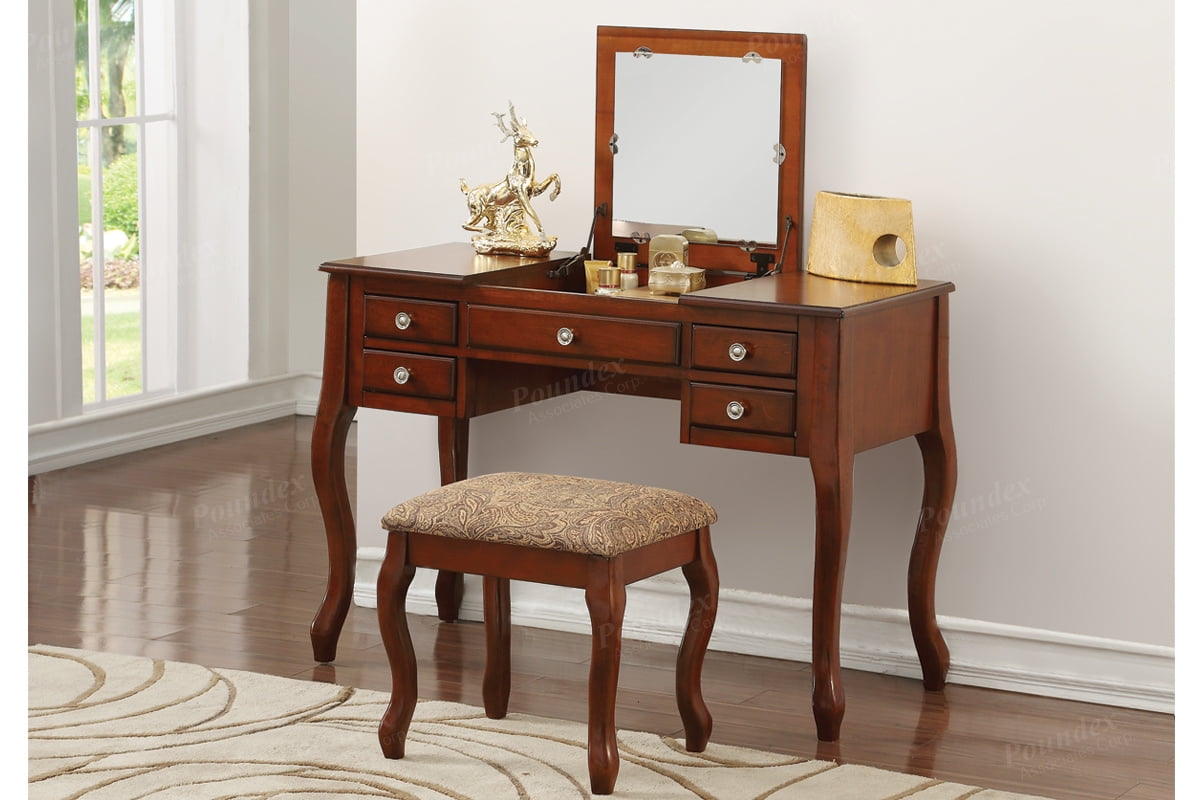 Bobkona Cailyn Flip Up Mirror vanity Set with Stool in Cherry
