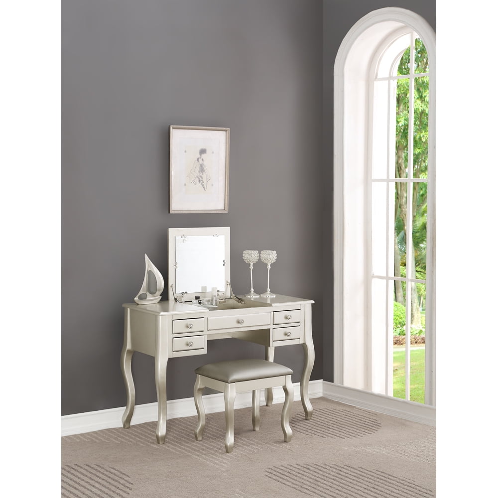 Bobkona Cailyn Flip Up Mirror vanity Set with Stool in Silver