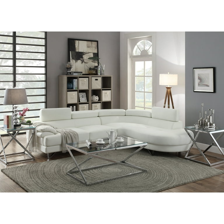 Poundex F6985 2 Pcs Sectional Sofa 2 Pcs in White Faux Leather