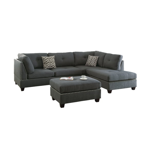 Bobkona Kipp Reversible Sectional Set with Ottoman in Blue Grey