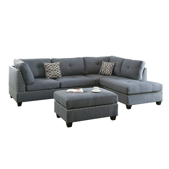 Bobkona Kipp Reversible Sectional Set with Ottoman in Blue Grey