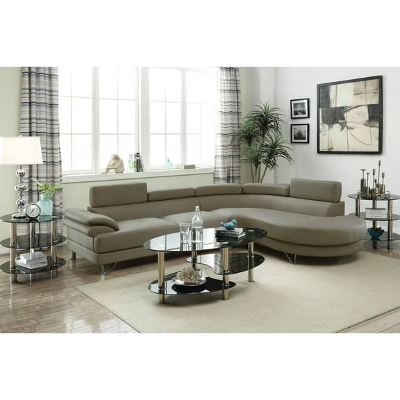 Bobkona Living Room 2pcs Sectional Sofa Light Grey Faux Leather Chaise Sofa Cushion Tufted Seat Flip up Headrest Couch