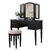 Bobkona St. Croix 3 Fold Mirror Vanity Table with Stool Set, Black