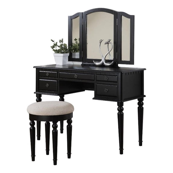 Bobkona St. Croix 3 Fold Mirror Vanity Table with Stool Set, Black