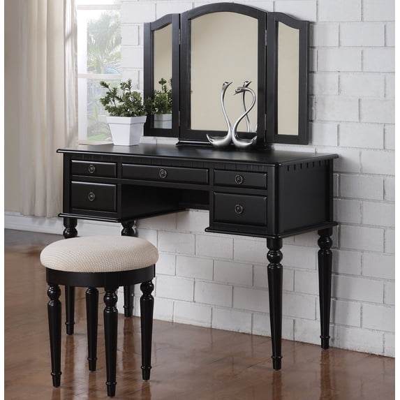 Bobkona St. Croix 3 Fold Mirror Vanity Table with Stool Set, Black