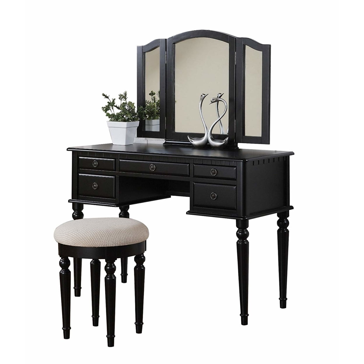 Bobkona St. Croix 3 Fold Mirror Vanity Table with Stool Set Black