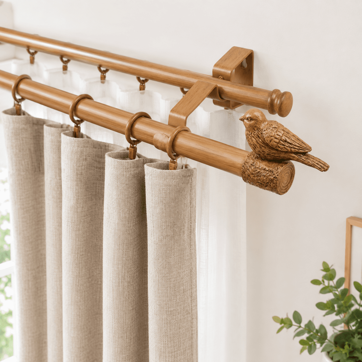 Rod Bird Bobo Wooden Double Curtain Rod For Windows 68-140 In Bird Drapery Rods ...