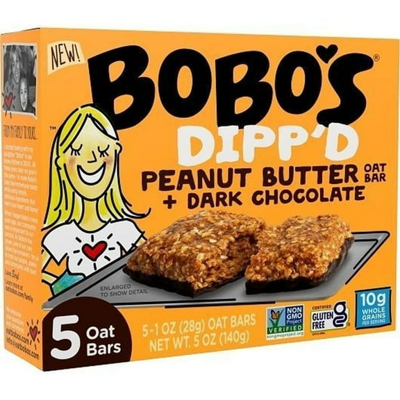 Bobo's Non-GMO Dipped Peanut Butter Oat Bar + Dark Chocolate - 5 Bars Pack of 3
