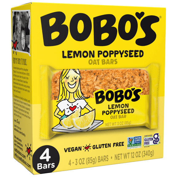 Bobo's Oat Bars, Lemon Poppyseed, 4 Pack of 3 oz bars