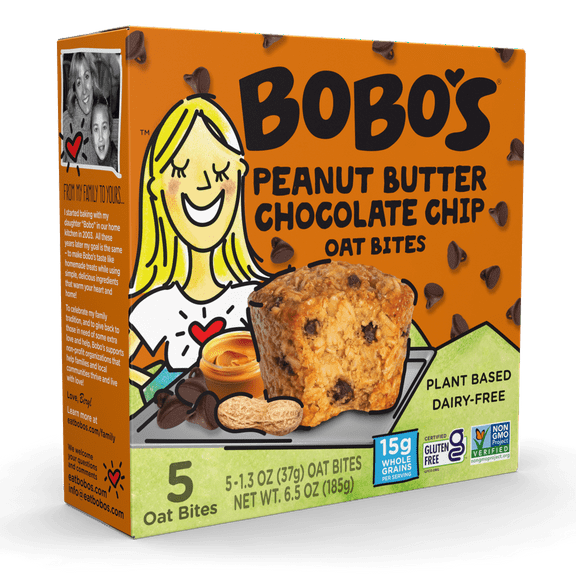Bobo's Oat Bites, Peanut Butter Chocolate Chip, 5 pack, 1.3 oz Bars Pack Of 6