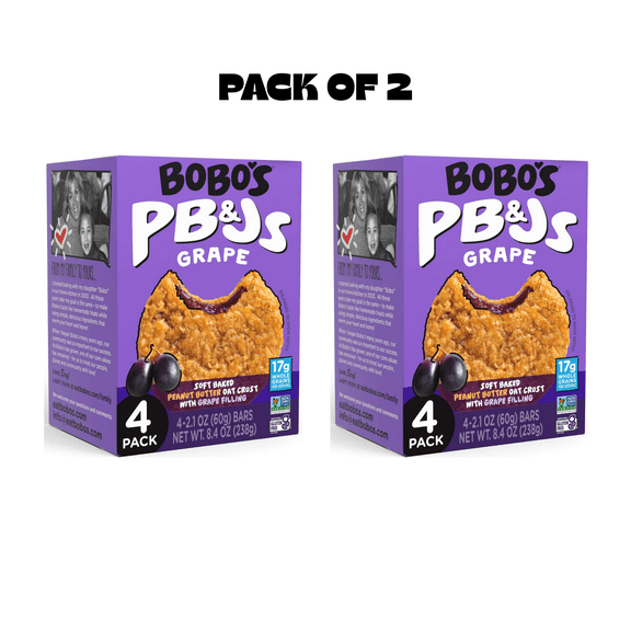 Bobo's PB&Js, Peanut Butter Oat Crust With Grape Filling, 4 Pack of 2.1 oz oat snacks(2 PACK)