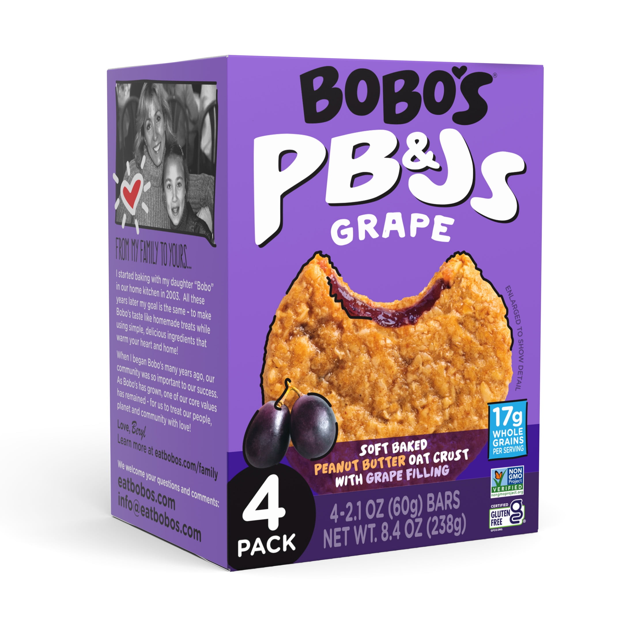 Bobo's PB&Js, Peanut Butter Oat Crust With Grape Filling, 4 Pack of 2.1 oz oat snacks