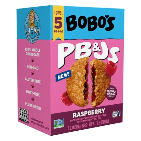Bobo's PB&Js, Peanut Butter Oat Crust With Raspberry Filling, 5 Pack of 2.1oz oat snacks
