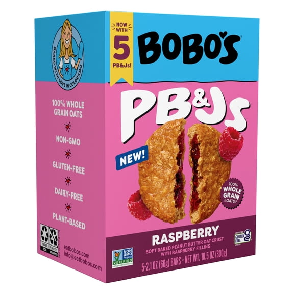 Bobo's PB&Js, Peanut Butter Oat Crust With Raspberry Filling, 5 Pack of 2.1oz oat snacks