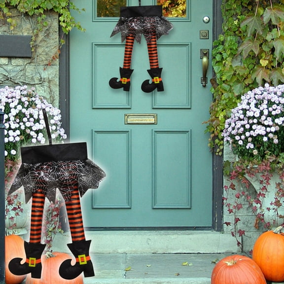 Bobomoti Halloween Witch Wreath for Front Door Fall Halloween Witch Wreath Decoration with Glitter Artificial Witch Legs Halloween Door Wreath Clearance for Indoor Outdoor Home Party Decoration