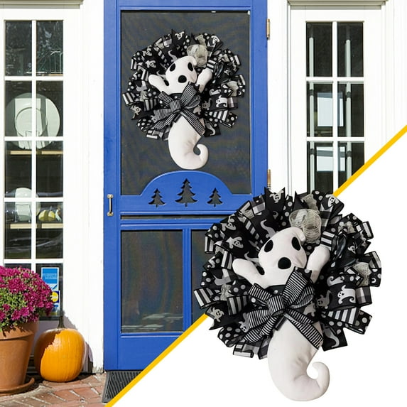 Bobomoti Halloween Wreath Decoration Halloween Ghost Wreath for Front Door Artificial Wall Wreath for Indoor Outdoor Halloween Home Decor