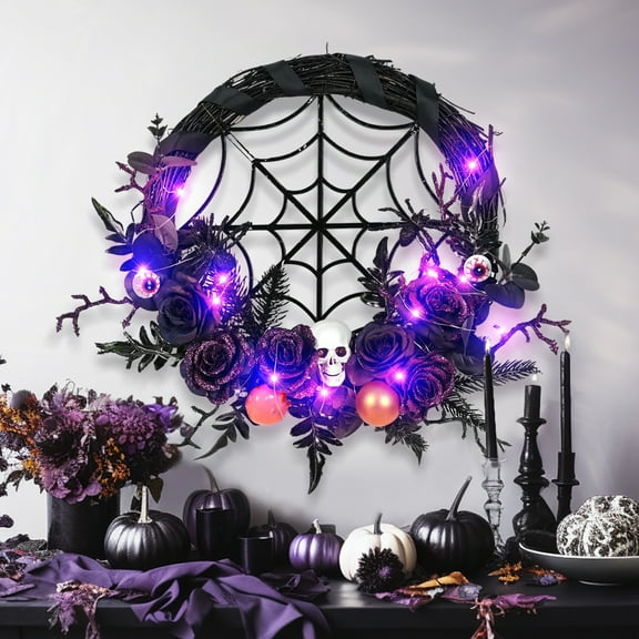 Bobomoti Halloween Wreath with LED Lights, Halloween Wreath with Flowers and Skulls for Front Door, Indoor Outdoor Halloween Home Party Decorations