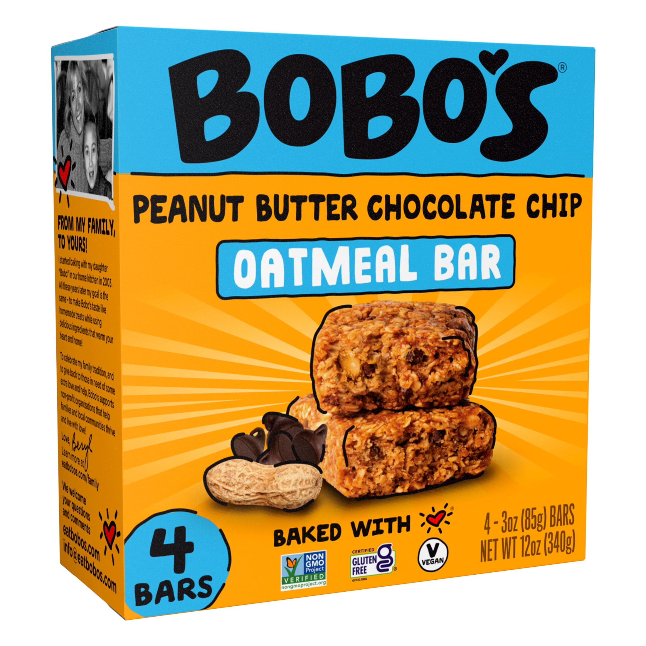 Bobo's Oat Bars, Peanut Butter Chocolate Chip, 4 pack of 3 oz Bars, Eco-Friendly Packaging