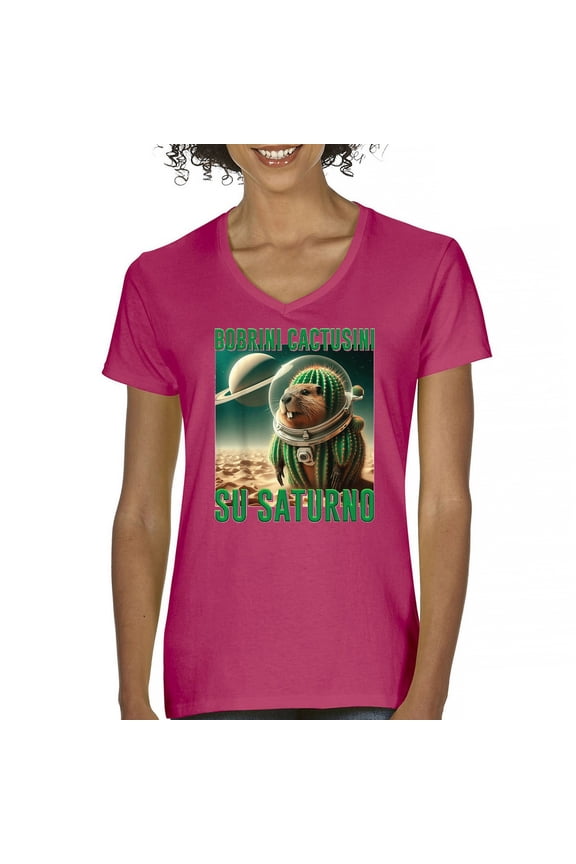 Bobrini Cactusini Su Saturno Women's V-Neck T-shirt Italian Brainrot Gen Z Meme