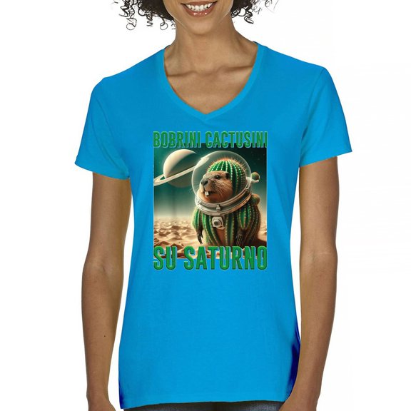 Bobrini Cactusini Su Saturno Women's V-Neck T-shirt Italian Brainrot Gen Z Meme