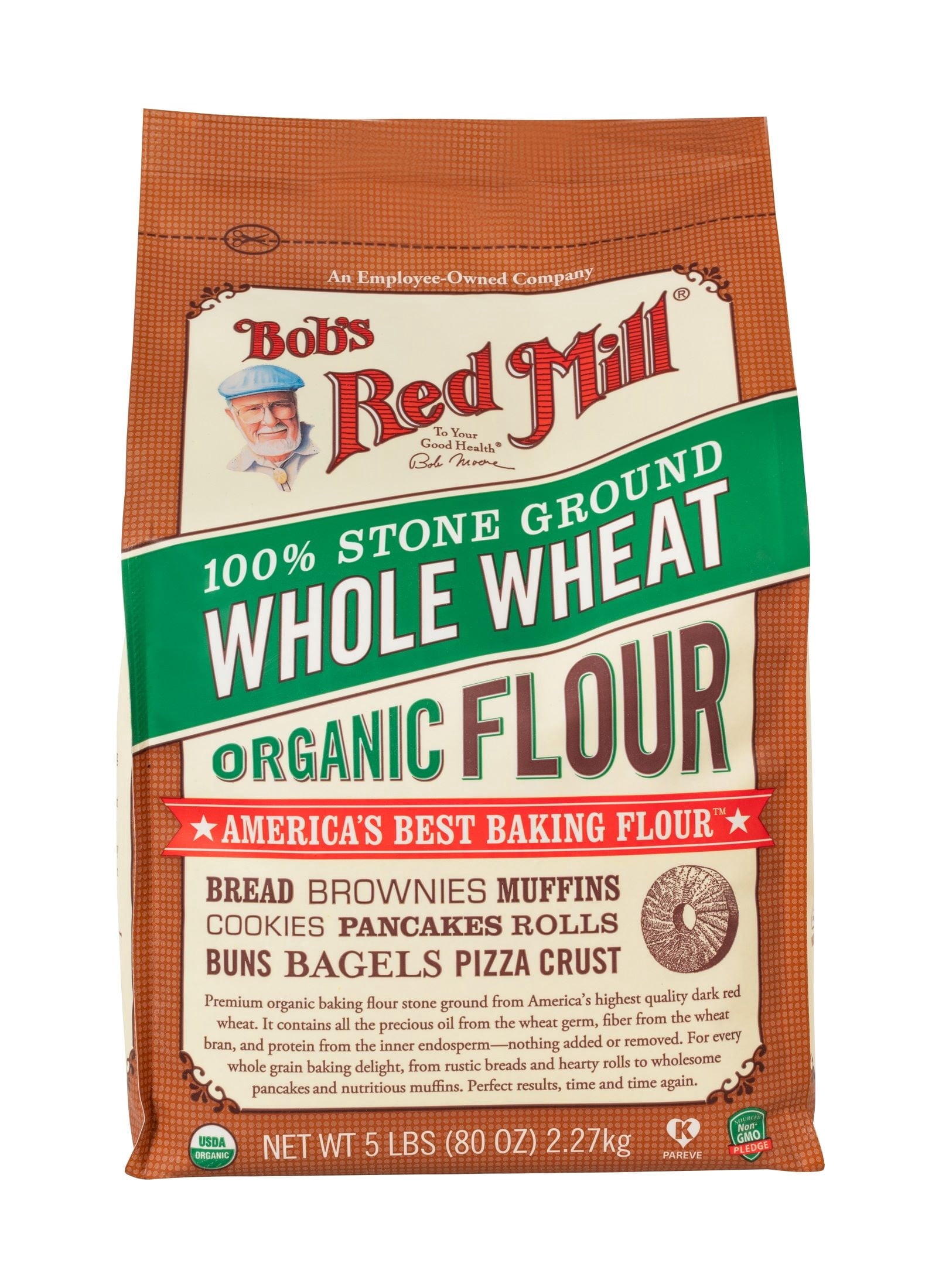 Bobs Red Mill Flour, Whole Wheat, Organic, 80 oz