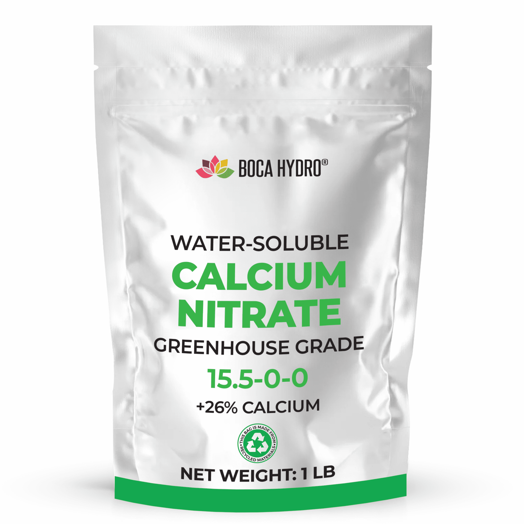 Boca Hydro Calcium Nitrate Fertilizer 15.5-0-0 Plus 26% Calcium – High Purity Greenhouse Grade for Hydroponics, Soil, Fertigation, Foliar – Chloride-Free, Fast-Dissolving