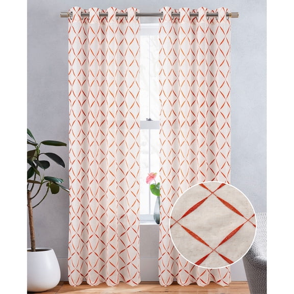 Boca Metallic Embroidered Linen Look Grommet Window Curtain Panel, Orange, 54x84 Inches