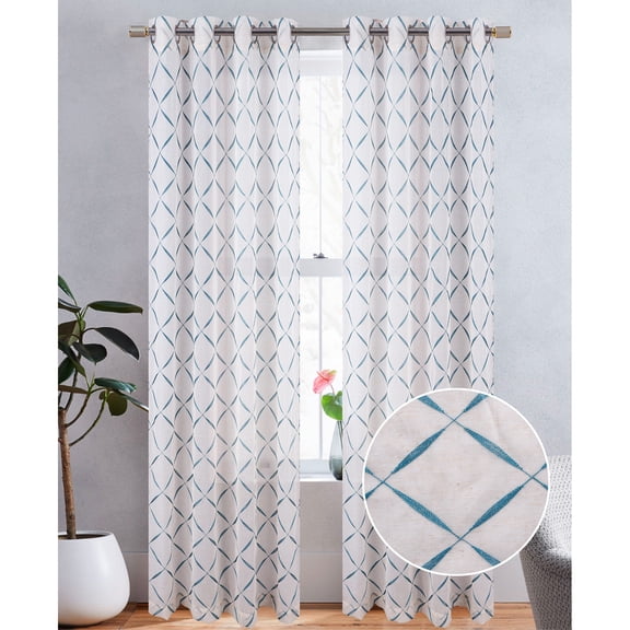 Boca Metallic Embroidered Linen Look Grommet Window Curtain Panel, Teal, 54x84 Inches