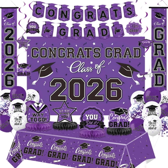 Bocaii Purple and Gold Graduation Decorations with Congrats Grad, Tablecloth, Balloons, Banners, Honeycomb Centerpieces, Porch Signs & Photo Booth Props for College Graduation Ceremony Celebration